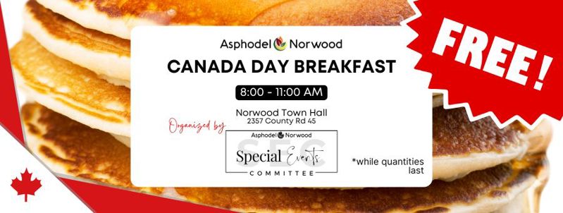 Free Canada Day Breakfast 8:00 am - 11:00 am at the Town Hall
